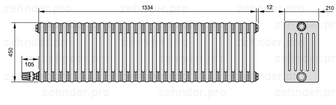 Схема (чертеж) Радиатор Zehnder Charleston 6045/29 №V003 Белый глянцевый RAL 9016